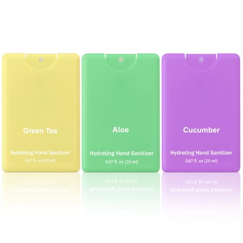 Dansib Set of 3 Power Mist Hydrating Hand Sanitizer Spray Bulk Travel Size Refreshing Hand Sanitizer 0.67 Fl. oz Compact Card Spray Bottle Aloe Green Tea Cucumber Scent for Adult Backpack Purse Pocket