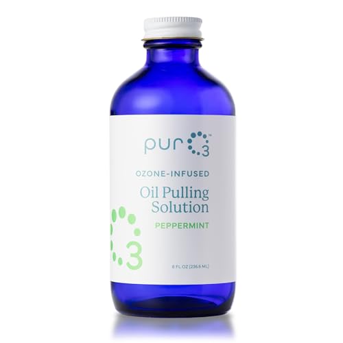 PurO3 Ozonated Oil Pulling Solution - Organic Ozone Infused Coconut Sesame Sunflower & Peppermint Essential Oils for Teeth & Gums - Fluoride-Free Non-Toxic & Non-GMO Oral Care 8 oz