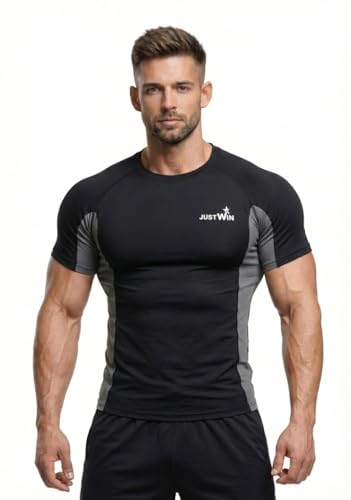 Image of JUSTWIN Men's Compression T-Shirt Half Sleeve | Slim Fit Gym & Workout T Shirt | Quick Dry Stretch Sports Tee for Running, Training & Fitness