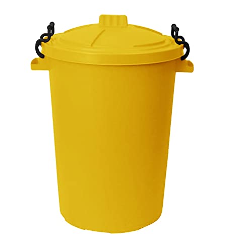 M1SS Yellow 50L Litre Large Heavy-Duty Weather Resistant and Food Grade Plastic Dustbin Trash Can Garbage Bin With 2 Clip Locking Lid for Indoor Outdoor Storage Container of Animal Feed