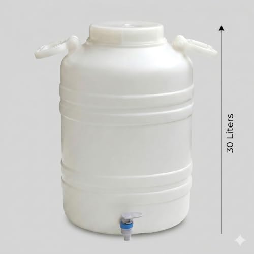 Image of NAKSHATHRA Water Dispenser with Tap, Plastic Water Storage Drum, Open Top with Lid, Ideal for Home, Kitchen & Office, Food Grade HDPE Material, UV-Stabilized - 30 litres (White)