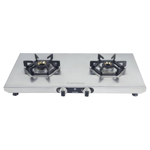 Image of Everflame Hexon 2 Burner Stainless Steel Gas Stove | 2mm Jointless Body | 3D Forged Brass Burners | Euro Coated Pan Supports | Manual Ignition | ISI Certified | 2 Years Manufacturer Warranty