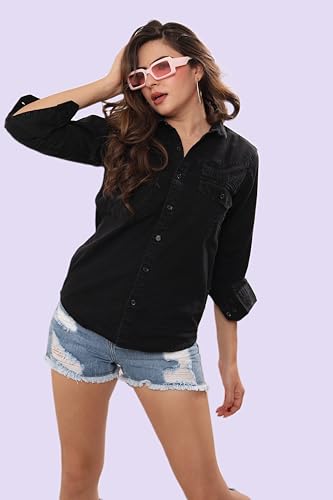 Image of THIRD QUADRANT Black Oversized Shirts for Women | Denim Shirt for Women | Overdyed Cloud wash Shirts for Women