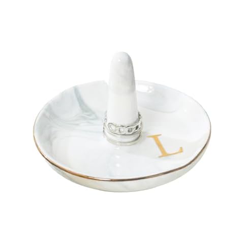 oskas Engagement Gift Marble Ring Dish Holder with Personalized Initials Monogrammed,Decorative Trinket Jewelry Tray,4 Inch,Ceramic（L） Cover