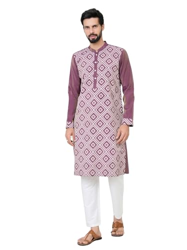 Image of See Designs Men's Full Sleeve Mandarin Collar Floral Embroidered Mandarin Collar Thread Work Straight Long Kurta with Pyjama - Festive Collection