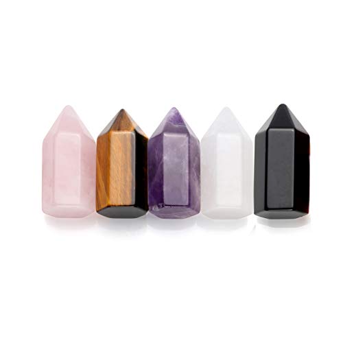 Jovivi Crystals and Healing Stones Wand Set, 5pcs Amethyst Crystal, Clear Quartz Crystal Wand, Rose Quartz,Black Obsidian & Tiger Eye Crystal Point 6 Faceted Reiki Chakra Meditation Therapy