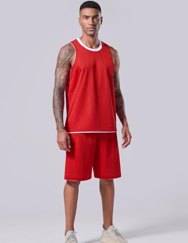1 Set of Men's Reversible Basketball Jersey and Shorts, Double-Sided Custom Athletic Uniforms for Team Sports Practice (Red/White, Large) - Thumbnail 3