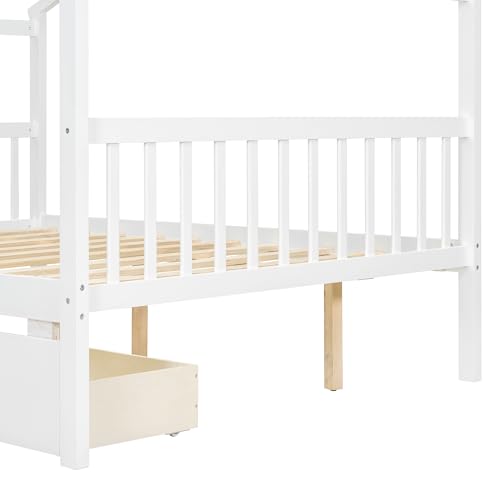 Image of Full Size House Platform Bed with Roof and 2 Drawers, Solid Wood House Daybed Frame with Headboard and Slat Support for Kids Teens Girls Boys Bedroom, Can Be Decorated (White-03, Full)
