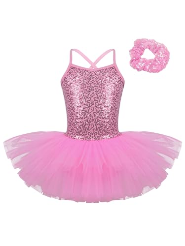 Oyolan Vestido de Danza Ballet Niña Princesa Vestido Tutu Lentejuelas Espalda Cruzada Traje Ropa de Baile Maillot Monos de Danza Clásica Traje de Bailarina Rosa G 6-7 años