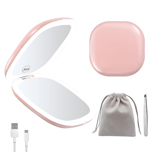 KinzraMira Rechargeable Magnifying Mirror with Light 30X, Light Up Mirror with Adjustable Brightness and 3 Color Light, Compact & Portable with Travel Bag and Tweezers, Perfect Present for Women Pink