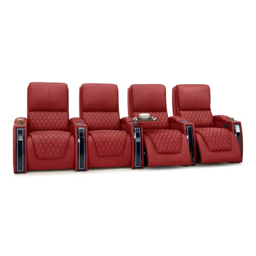 Image of Seatcraft Apex Red Italian Leather Home Theater Seating, Zero Gravity Power Recliner, Powered Headrest and Lumbar Gaming and Home Office Chair, Lounge Sofa Furniture for Cinema Room, Row of 4