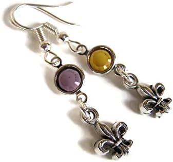Mismatched Mardi Gras Birthstone Earrings, Personalized Carnival Earrings, Fleur De Lis Jewelry, Festival Gift