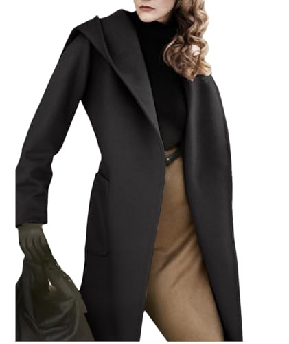 xxxiticat Women's Wool Blend Blazer Jacket Long Sleeve Open Front Belted Casual Trendy Long Black Trench Coat Winter Coats(BL,XL)