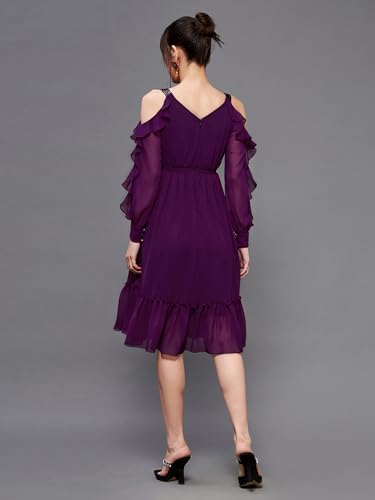 Image of Miss Chase Women's Round Neck Sleeveless Polyester Ruffled Knee- Length Dress
