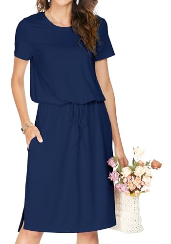 Simier Fariry Women Summer Spring Short Sleeve Hide Belly Tummy Midi Knee Casual Dress Solid Navy...