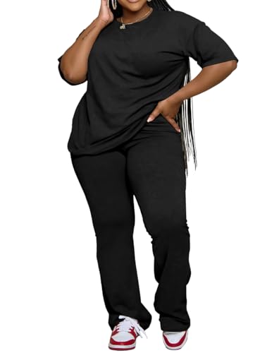 PINSV Womens Plus Size Sets 2 Piece Outfits Casual Short Sleeve Top and Flare Pants Tracksuit2