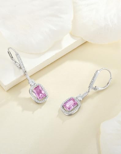 Halo Cushion Princess Emerald Cut Earrings - Solid Sterling Silver 18K White Gold Plated Dangle Earrings for Women Birthstone Leverback Jewelry3