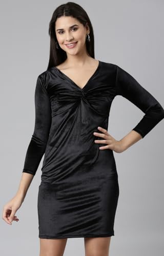 Image of SHOWOFFFF Women Solid Sheath Casual Dress | V Neck Full Sleeves Velvet Dress for Womens | Above Knee Dress for Women's