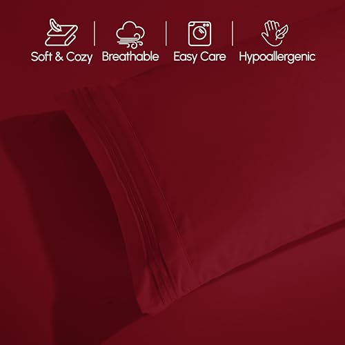 Image of Elegant Comfort Luxurious 1500 Premium Hotel Quality Microfiber Three Line Embroidered Softest 4-Piece Bed Sheet Set, Wrinkle and Fade Resistant, King, Burgundy