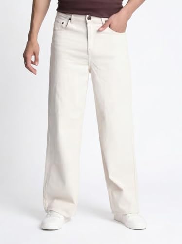 Image of Men Baggy Jeans Beige Loose Fit Cotton Blend Denim Wide Leg Stylish Casual Wear Pant