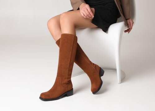 Image of ZJA Knee High Boots Square Toe Boots Low Heel Flat Long Boots for Women Dress Chunky Comfortable Tall Boots
