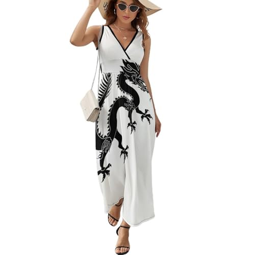 Robe dragon noire sans manches à col en V pour un style décontracté
