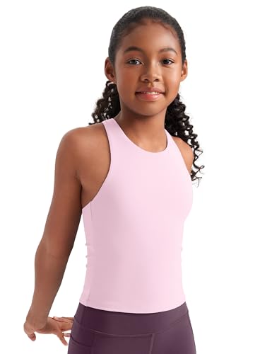 CRZ YOGA Girls Butterluxe Double Lined Racerback Tank Tops Waist Length - High Neck Dance Yoga Athletic Casual Kids Teen Pink Peony Medium