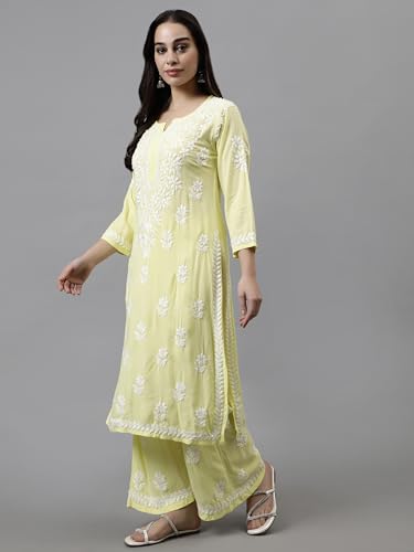 Image of Seva Chikan Hand Embroidered Lucknowi Chikankari Rayon Kurta and Palazzo Set SCL8037