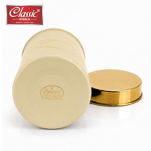 Image of Classic Steels Premium Long Tea & Sugar Canister Set (850ml) (Cream) | Airtight Kitchen Canisters Stainless Steel Storage Jars with Gold Lid & Label | Matte Finish Kitchen Storage Container Set