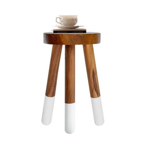 JOLLYMER Teak Wood 9' Round Plant Stand |Dip Dyed Plant Stand |Accent Stool |Milking Stool |Bath Stool |Small Side Table (16' Tall White)