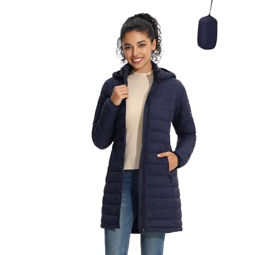 ZMC Packable Women Puffer Coat, Lightweight Water-Resistant Puffer Jacket Detachable Hood Slim-Fit Winter Coat for Women(navyblue,XL)
