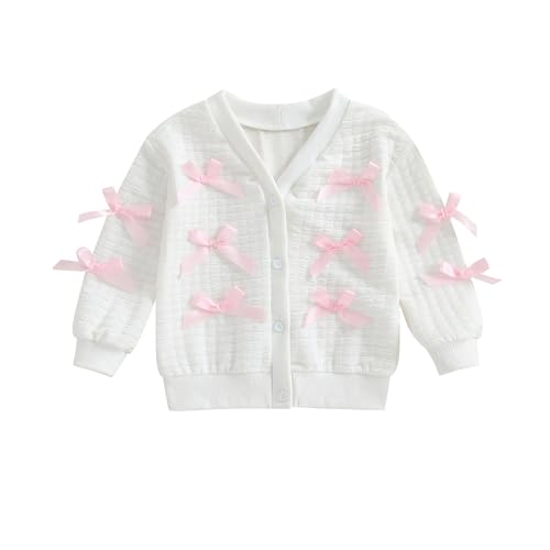 Toddler Girls White Cardigan Sweater Bow Long Sleeve Knit Button Up Sweatshirt Jacket