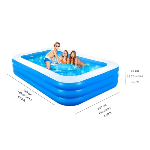Image of Rectangular Inflatable Swimming Pool for Kids with Electric Pump, Duck Family Toy & Beach Ball, 3 Ring Striped Design, Outdoor Summer Water Party Bath tub,Blue (210 x 150 x 60 cm, 7 Feet)
