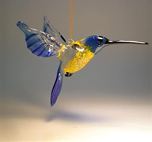 Blue and Yellow Glass Hanging Bird Hummingbird Ornament