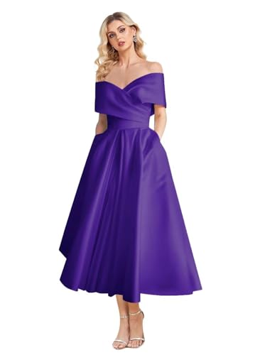 Image of Women's Off Shoulder Wedding Dress for Bride Tea Length A Line Satin Formal Prom Dresses with Pockets