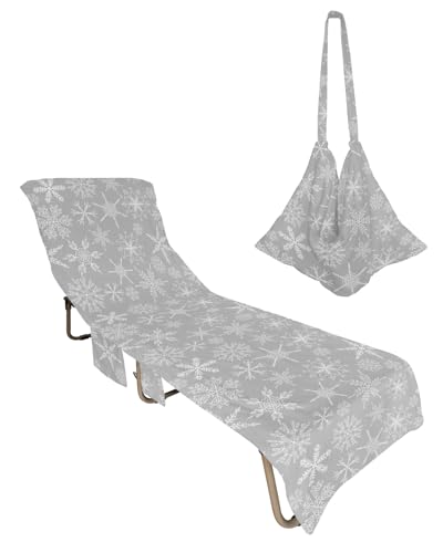 Grey Snowflake Christmas Beach Lounge Chair Towel Cover, Soft Chaise Lounge Towel with Side Pockets Patio Pool Chairs Cover for Beach/Pool Sunbathing 29x85 Rustic Xmas Winter Snowflake