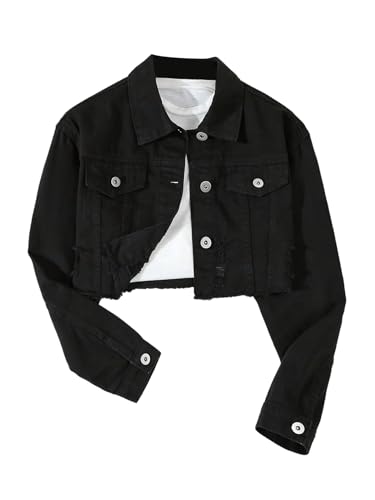 GORGLITTER Girl's Ripped Jean Jacket Button Down Long Sleeve Crop Denim Jackets Spring Fall Outerwear