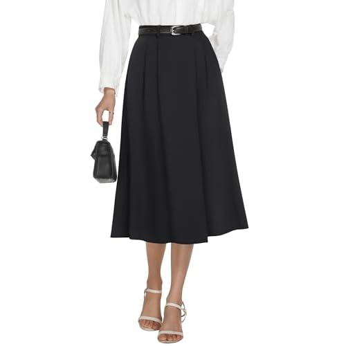 Casly Lamiit Women’s High Waisted Midi Skirts Business Casual Flare Dressy Work A Line Pleated Skirt with Pockets