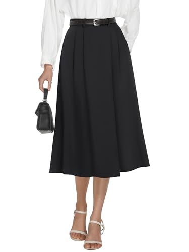 Women's High Waisted Midi Skirts Business Casual Flare Dressy Work A Line Pleated Skirt with Pockets