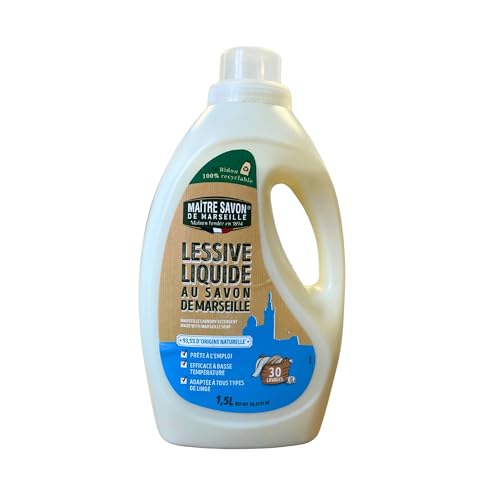Maître Savon de Marseille – Detergente líquido con Jabón de Marsella – 1,5L – 30 lavados – Para todo tipo de ropa – Eficaz a baja temperatura – 93,5% ingredientes naturales