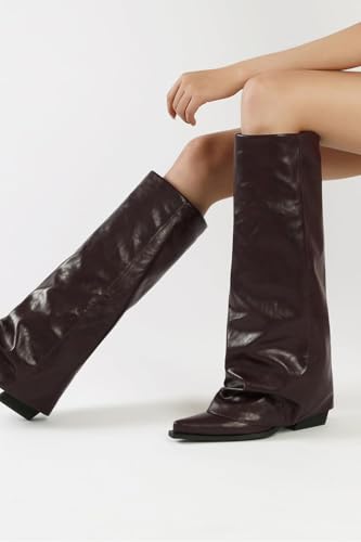 Women's Fold Over Knee High Boots Wide Calf Chunky Heel Long Boots Women Pointed Toe Dress Tall Boots for Women Slouchy Shark Boots4