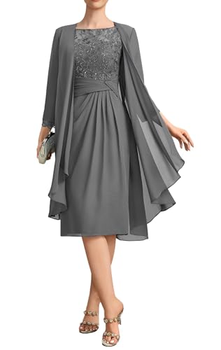 Women's Chiffon Two Piece Mother of The Bride Dress Tea Length Long Sleeve Lace Formal Wedding Guest Gown with Jacket