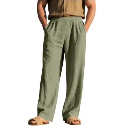 FQZWONG Men's Linen Pants Breathable Heat-dissipating Straight Leg Pants Loose-Fitting Casual Pocketed Sports Trousers（2-Army Green,XX-Large