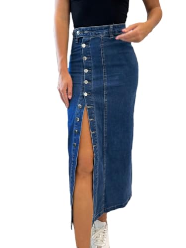 seiveini Jupe Jeans Femme Longue Moulante Jupes Crayon en Denim avec Boutonné Élégant Taille Haute Skirts Vintage Décontracté A Bleu Foncé S
