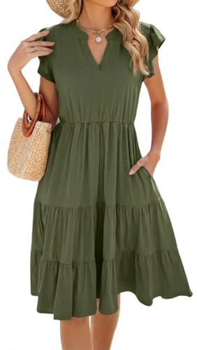 Image of Womens Summer Dress Ruffle Sleeve V Neck Midi Dresses Casual Fit Flowy Tiered Boho Beach Vacation Sundress