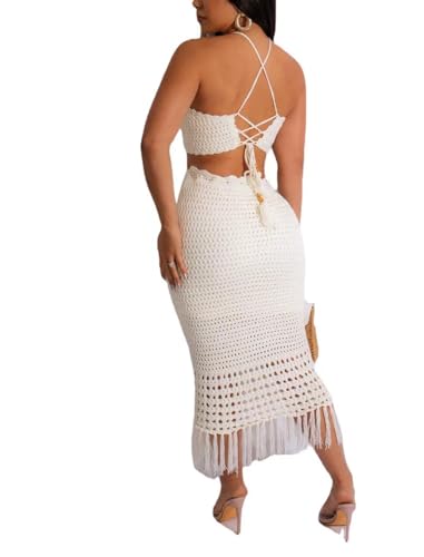 Image of Women Plus Two-Piece Skirt Set Tassel Fishing Net Knittin Hollow Out Off Shoulder Beach Dresses Swimsuit Cover Ups
