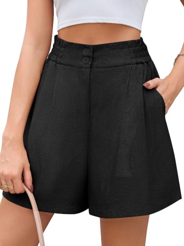 Biodeer Women's High Waisted Paperbag Shorts Casual Summer Elastic Pleated Dressy Work Shorts Tailored Wide Leg Trouser Shorts with Pockets Black