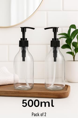 Image of Round Pump Bottle Soap Dispenser | Refillable Transparent Plastic Lotion Bottle | Empty Liquid Container for Soap, Shampoo, Lotion & Essential Oils (500 ML, Pack of 2)