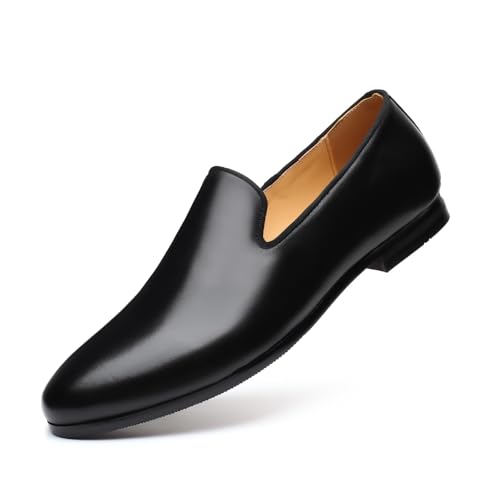Santimon Men's Solid Black Genuine Leather Loafers, Slip-On Dress Casual Shoes for Men