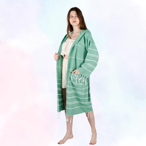 Striped Robe for Beach, Pool, Spa, Bath, Organic Cotton Kimono Robe, Beach Cover Up (US, Alpha, One Size, Regular, Short, Small & Medium, Green Grass Striped)2